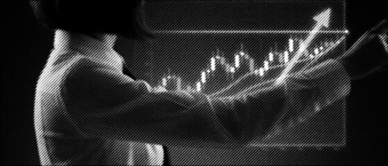 Abstract digital data visualization of rising financial success with business investment analysis...