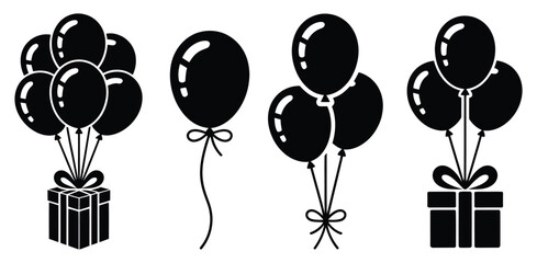 Party balloon icon set with birthday gift boxes single balloon and floating balloon bunches in black silhouette style for celebration event anniversary surprise vector illustration isolated on white b © ASHIK
