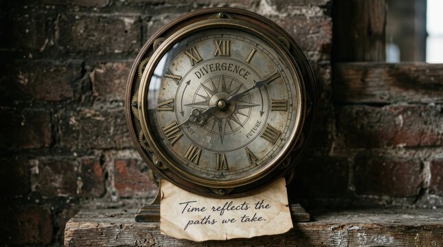 A detailed close up of an antique clock face with hands moving in opposite directions against a rustic brick wall backdrop.