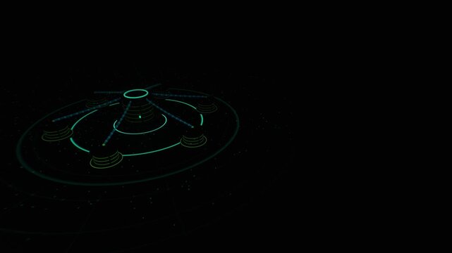 Green and blue network cluster nodes link across a dark technical infrastructure grid with rotating data lines in a 3D animation