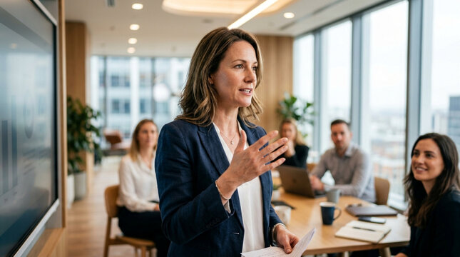 Confident woman presenting to colleagues in modern office meeting room