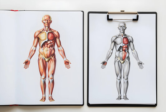 Human anatomy and medical education, anatomical charts of male muscular and skeletal systems on a clipboard and notebook for healthcare research and study