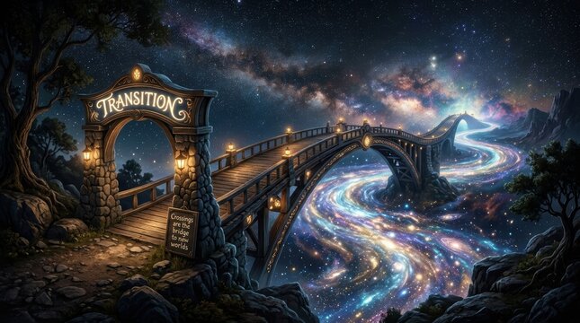 A detailed view of a lone bridge crossing a river of starlight, a cinematic landscape depicting a magical gateway to the universe.