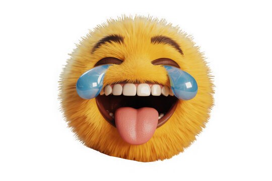 Hyper realistic fluffy yellow emoji tears of joy laughing face high detail render