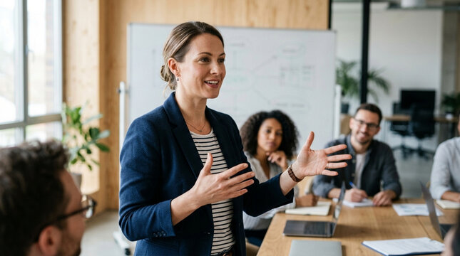 Confident Woman Presenting to Colleagues in Modern Office Meeting