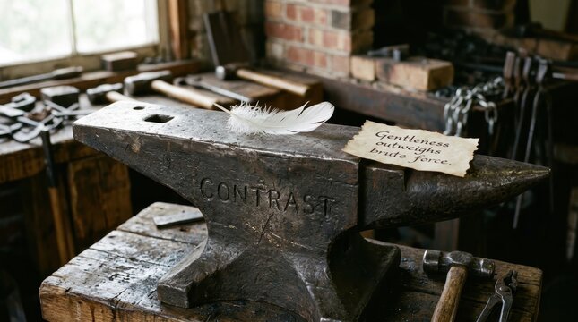 A single white feather rests on the surface of a heavy blacksmith anvil with a note about gentleness in a workshop.