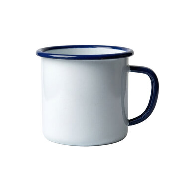 White enamel camping mug with a blue rim, isolated on transparent background