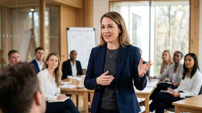 Confident Woman Presenting to Diverse Audience in Modern Meeting Room