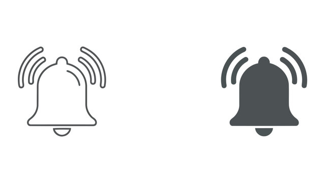 Ringing notification bell alert icons with sound waves in line and solid style