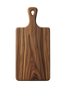 Rectangular walnut wood cutting board with a handle, isolated on transparent background