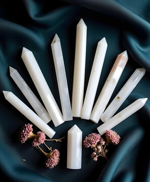 Selenite crystals fan arrangement on charcoal velvet