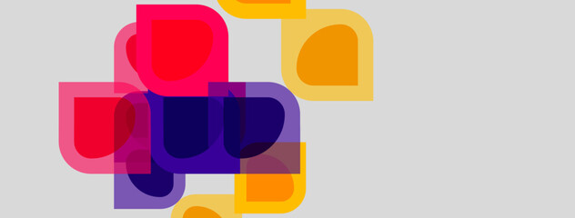 Fototapeta premium Abstract shapes overlap, creating vibrant color blends. Pink, purple, yellow hues dominate neutral background. Modern design elements present.