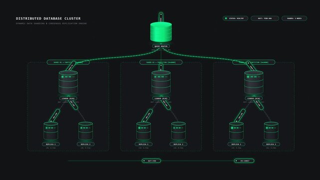 Distributed database cluster diagram showing dynamic data sharding and consensus replication engine nodes in a 3D animation