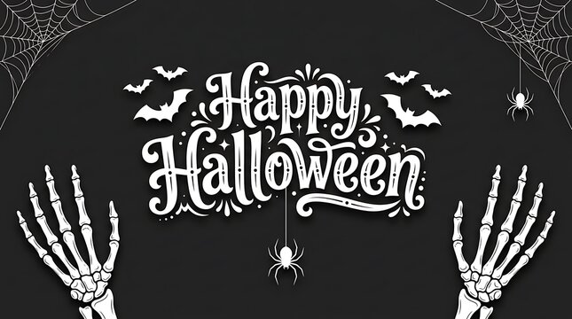 Happy halloween typography design featuring skeleton hands spooky spiderwebs and bats on dark black background