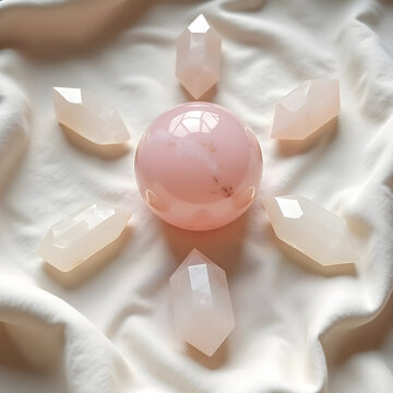 Crystal healing grid with rose quartz and clear quartz points