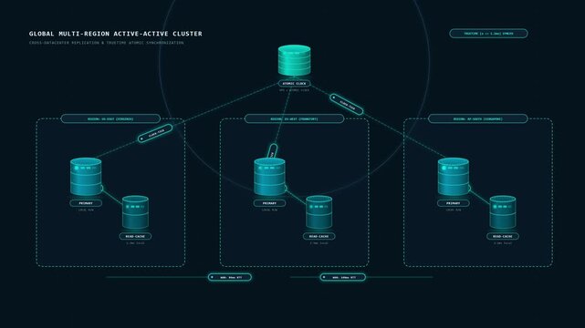 Global multi-region active active database cluster showing cross datacenter replication and atomic synchronization in a 3D animation