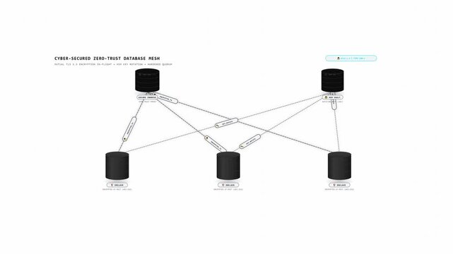 Cyber secured zero trust database mesh featuring mutual TLS encryption in flight and hardened key rotation in a 3D animation
