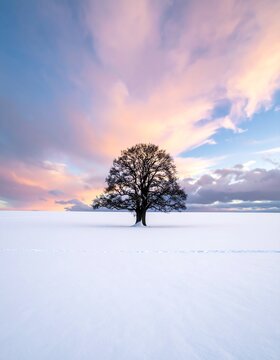 Lone bare tree stands in a vast snow-covered field under a dramatic sunset sky