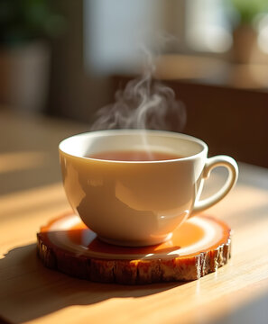 Cup of tea on agate coaster on wooden desk