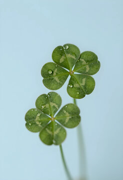 Good luck and fortune concept, two four-leaf clovers with water droplets on a soft blue background for St. Patricks Day and positive success themes