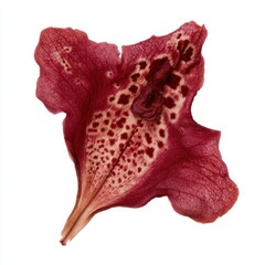 Obraz premium perfectly pressed dried Foxglove (Digitalis) individual floret, single complex crimson floret detail, intricate patterns, sepia-toned white background.