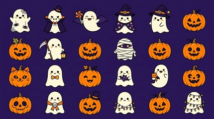 Fototapeta premium Cute spooky halloween icons featuring cheerful ghosts and glowing pumpkins on a dark purple background pattern