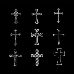 Fototapeta premium Hand-drawn monochrome vintage vector set of ornate Christian cross icons, including Celtic knot, bone, and gothic designs, rendered in detailed stippling and line art for religion, streetwear, etc.