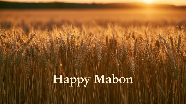 Banner photograph of a golden wheat field at autumn equinox sunset, the phrase "Happy Mabon" displayed in soft white serif text at the bottom of the frame