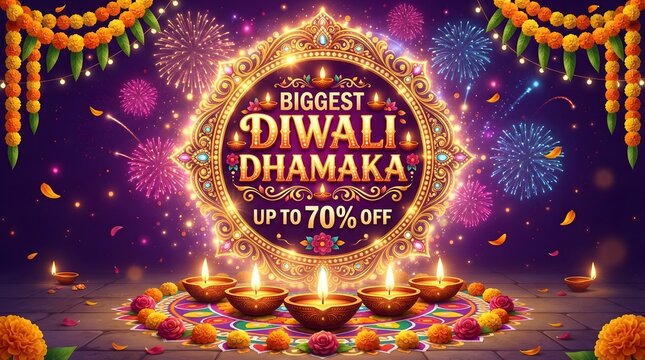 Biggest diwali dhamaka sale banner with fireworks and rangoli