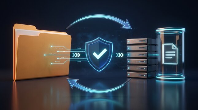 Secure data backup with encrypted file transfer and server sync for cybersecurity solutions
