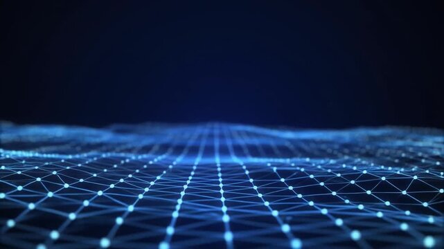 Abstract blue digital network grid flowing across dark background with subtle light effects