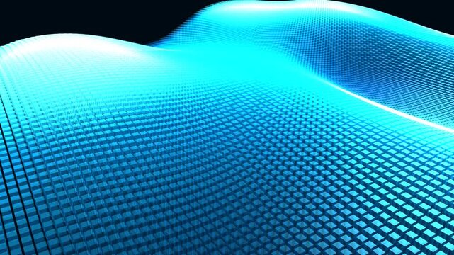 Thousands of transparent glass cubes rise and fall in a rhythmic ocean wave pattern, refracting teal and blue light. Clean and modern abstract background concept for corporate presentations, medical t