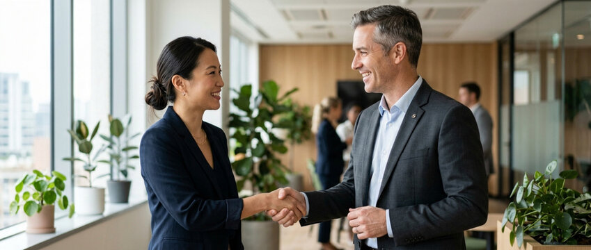 Business handshake, professional agreement, diverse colleagues, modern office, partnership success