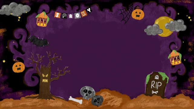 Cute blank empty template watercolor crayon purple orange halloween background banner with haunted pumpkin grave stone spooky skeleton tree house kids illustration