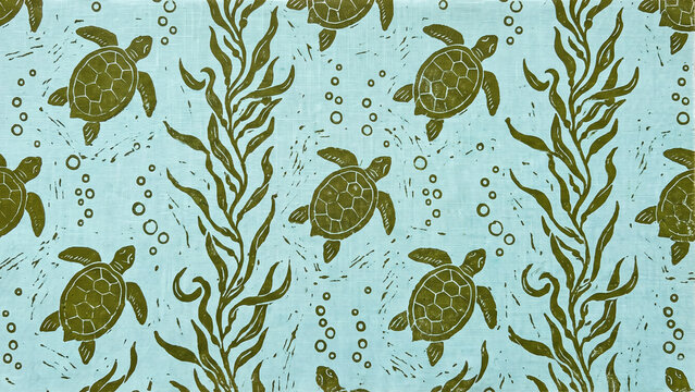 Hand printed seamless pattern featuring olive green sea turtles swimming with seaweed and bubbles on turquoise linen fabric, perfect for textile, wallpaper and coastal home decor design.