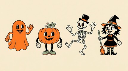 Fototapeta premium Vintage cartoon style halloween characters featuring ghost pumpkin skeleton and witch for festive holiday season designs