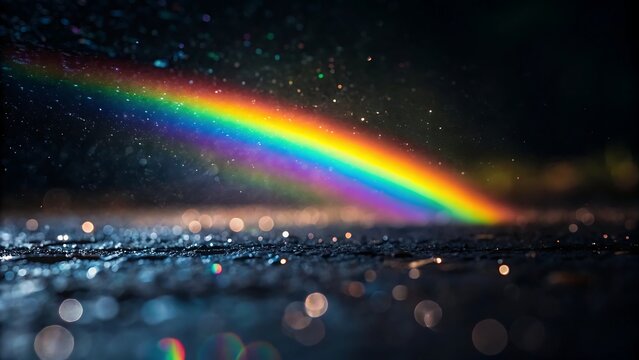 Abstract macro photography featuring soft focus prismatic rainbow light reflection on wet asphalt surface