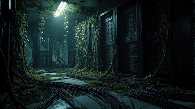 Abandoned server room with messy tangled cables on floor. Old computer racks covered by overgrown green vines, plants. Dark indoor data center with dim lighting shows decaying tech infrastructure,