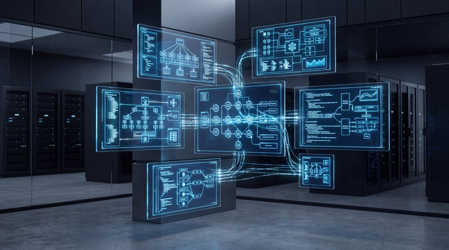 Data flow visualization in a server room, abstract glowing blue information streams connecting digital interfaces, representing network technology and data management