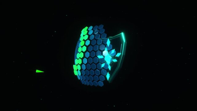 Shield wall with glowing blue and green hexagonal force field segments blocks incoming energy projectiles in a 3D render