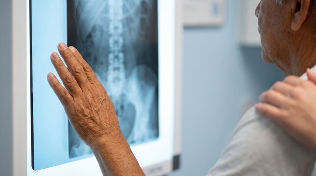 Biomedical engineer and surgeon reviewing a 3D spine model on a surgical planning touchscreen