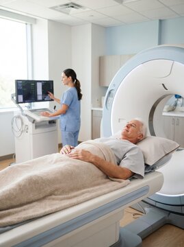 Elderly male patient lies on a scanner bed preparing for a CT scan while a nurse monitors equipment in a bright hospital examination room.