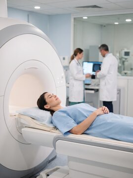 Female patient lies inside an MRI machine while medical staff in the background review diagnostic images for a healthcare examination.