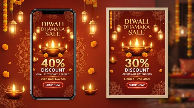 Diwali dhamaka sale promotional banners with festive oil lamps