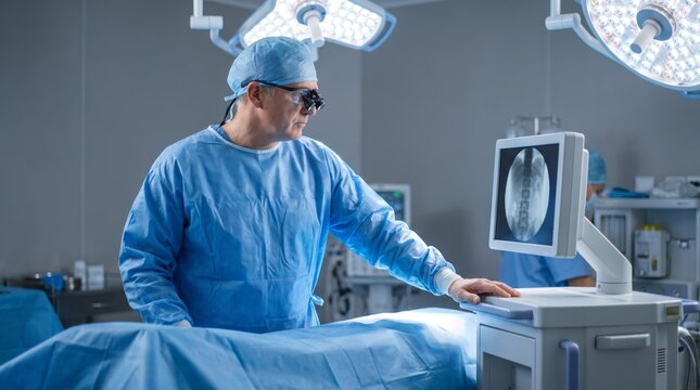 Surgical technologist threading a guide wire through a dilator during minimally invasive spine surgery