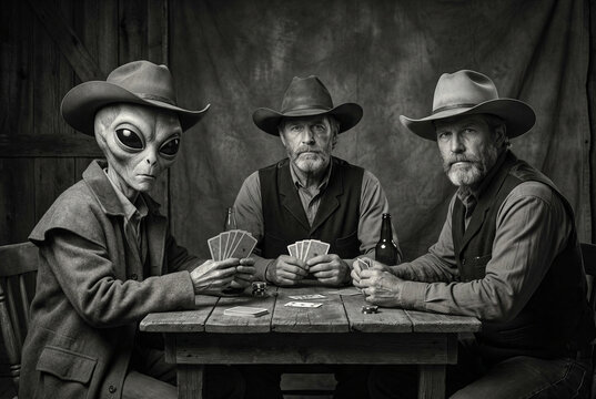A surreal vintage black and white portrait of a classic extraterrestrial alien and two serious rugged cowboys wearing hats sitting together at a rustic wooden table playing poker cards.