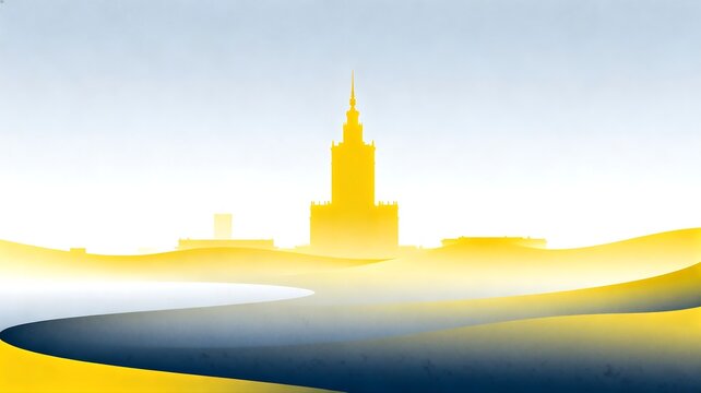 Stylized Urban Skyline with Distinctive Tower and Flowing Terrain