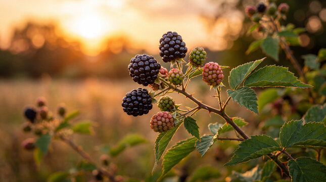 Ripe blackberries on a thorny branch at sunset, with a soft bokeh background of golden light and field, evoking a sense of natural abundance and late summer harvest