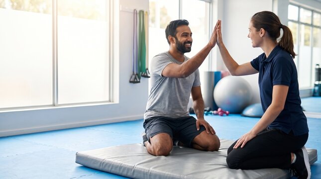 Physical therapist assisting a patient through a supported bridge exercise for spine rehabilitation