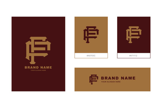 Interlocking letters F vintage athletic monogram logo design on brown brand identity set.